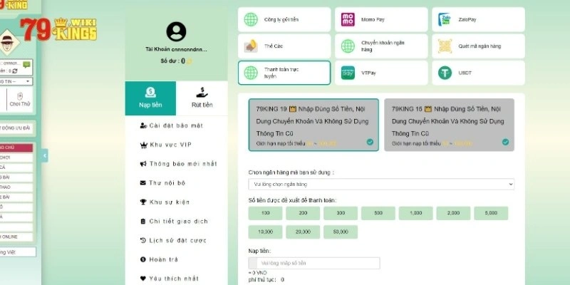 Hướng dẫn nạp tiền 79King qua internet banking