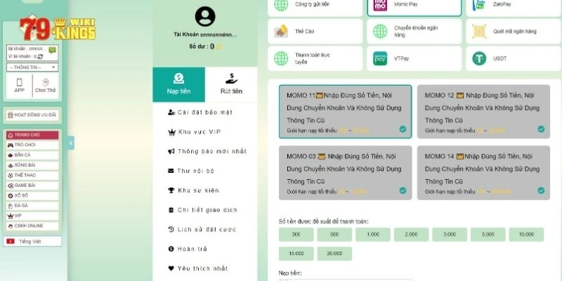 Hướng dẫn nạp tiền 79King bằng ví điện tử
